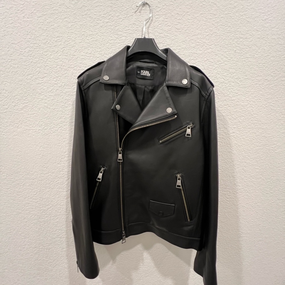 New 2025 Karl Lagerfeld Farfetch Men's Black Lambskin Leather Jacket Large L - Picture 3 of 9